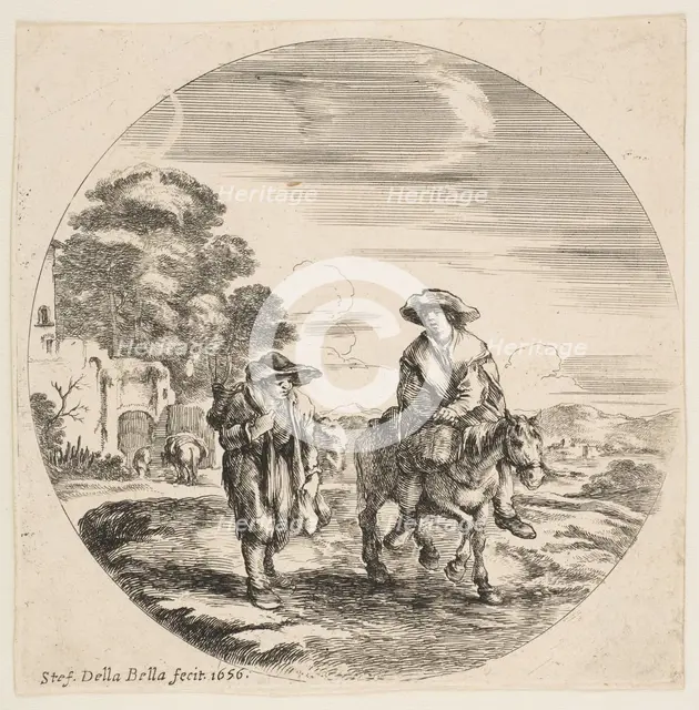 Landscape with Two Peasants, One Riding a Horse, from 'Landscapes and seaports' (Paysages ..., 1656. Creator: Stefano della Bella.