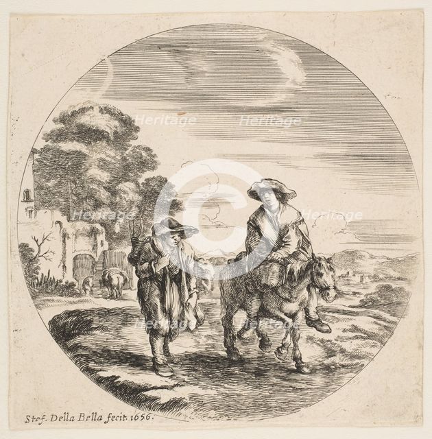 Landscape with Two Peasants, One Riding a Horse, from 'Landscapes and seaports' (Paysages ..., 1656. Creator: Stefano della Bella.