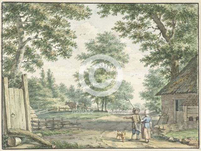 Landscape with two people near a farmhouse, 1750-1818. Creator: Izaak Schmidt.