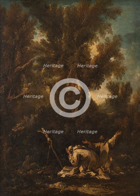 Landscape with two penitent monks, late 17th-mid 18th century. Creator: Alessandro Magnasco.