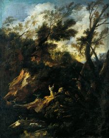 Landscape with Two Praying Monks, 1695-1697. Creator: Antonio Francesco Peruzzini