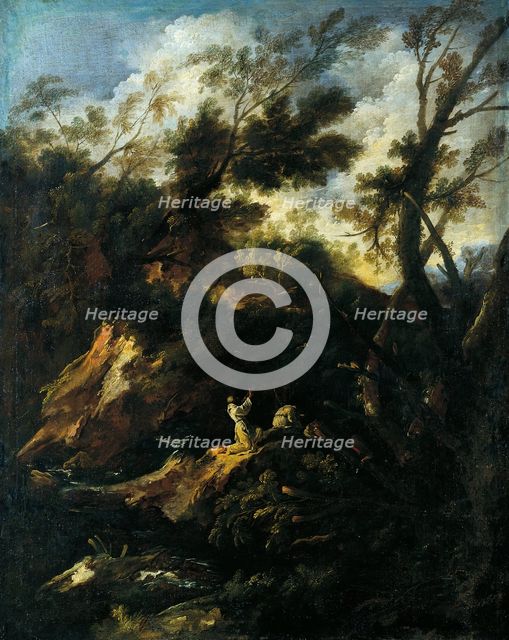 Landscape with Two Praying Monks, 1695-1697. Creator: Antonio Francesco Peruzzini.