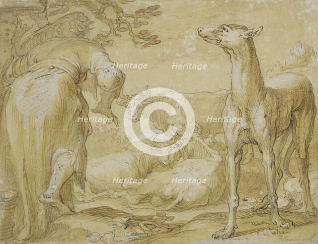 Landscape with two women, a greyhound and cattle. Creator: Unknown.