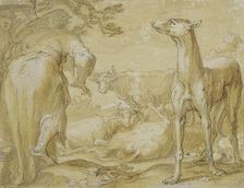 Landscape with two women, a greyhound and cattle. Creator: Unknown