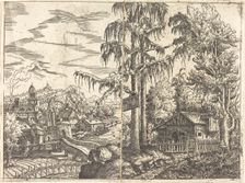 Landscape with View of a Farmer's Cottage and a Town near a River, 1551. Creator: Hans Sebald Lautensack