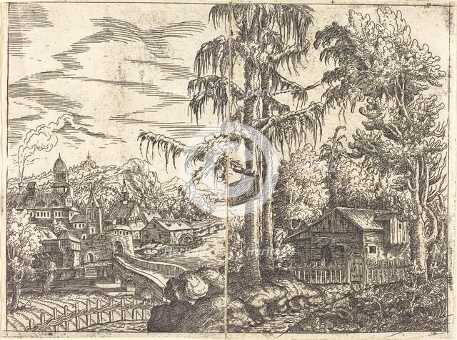 Landscape with View of a Farmer's Cottage and a Town near a River, 1551. Creator: Hans Sebald Lautensack.