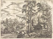Landscape with View of a Farmer's Cottage and a Town near a River, 1551. Creator: Hans Sebald Lautensack