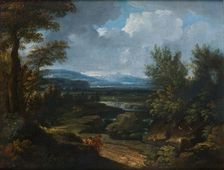 Landscape with village, waterfall and shepherd. Creator: Dughet, Gaspard (1615-1675)