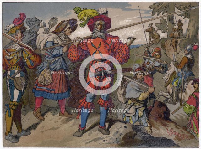Landsknechts from the 16th century, 19th century.Artist: Ludwig Burger