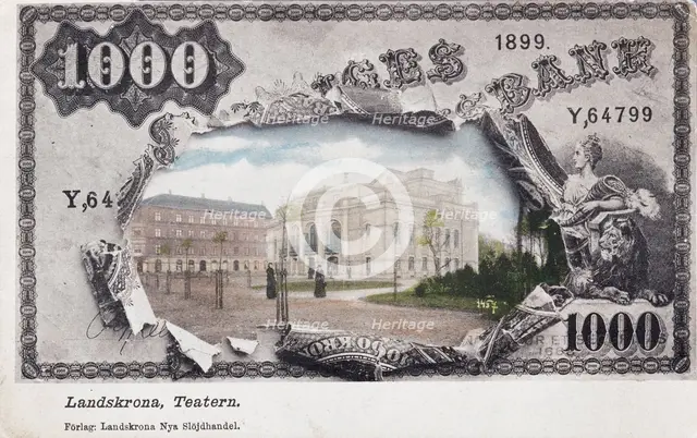 Landskrona Theatre, Sweden, framed by a 1000 crowns note, c1900s(?). Creator: Unknown.