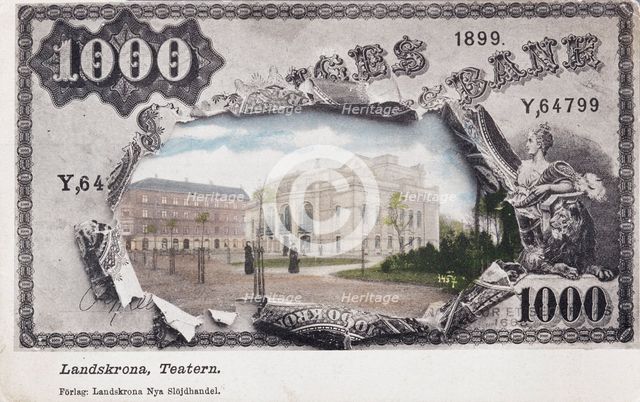 Landskrona Theatre, Sweden, framed by a 1000 crowns note, c1900s(?). Creator: Unknown.