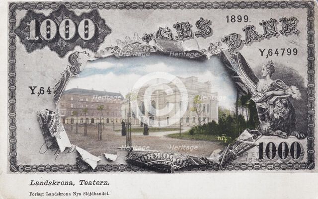Landskrona Theatre, Sweden, framed by a 1000 crowns note, c1900s(?). Artist: Unknown