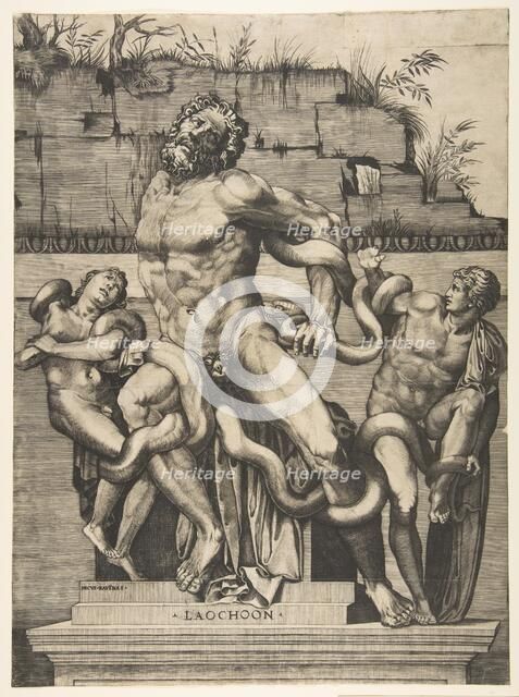 Laocoön and his sons being attacked by serpents, ca. 1515-27. Creator: Marco Dente.