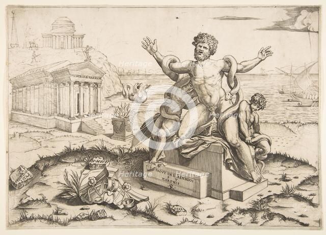 Laocoön and his two sons being attacked by serpents upon a pedestal, a temple to Mi..., ca. 1515-27. Creator: Marco Dente.