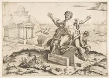 Laocoön and his two sons being attacked by serpents upon a pedestal, a temple to Mi..., ca. 1515-27. Creator: Marco Dente