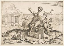 Laocoön and his two sons being attacked by serpents upon a pedestal, a temple to Mi..., ca. 1515-27. Creator: Marco Dente