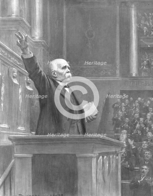 ''L'Apotheose du Droit; M. Clemenceau a la tribune de la Chambre, le 11 novembre 1918..., 1918. Creator: J Simont.