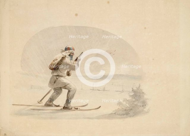 Laplander Skiing, 1850-1855. Creator: Karl Anders Ekman.