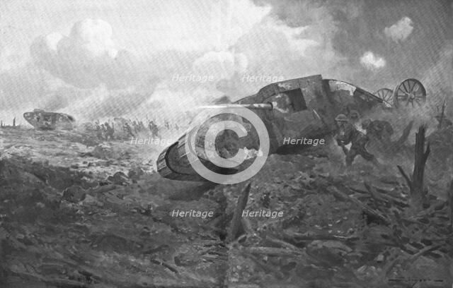 'L'Apparition des Tanks; L'entrée en ligne des premiers chars d'assaut Anglais, le 15 septembre 1916 Creator: J Simont.