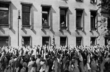 Large crowd from the Saargebiet in front of the chancellery, Berlin, Germany, 1936