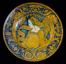 Large dish with border of floral scrollwork and cornucopias..., c. 1510/1535. Creator: Unknown