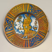 Large dish with segmental border of plant sprays and scale pattern..., c. 1510/1540. Creator: Unknown