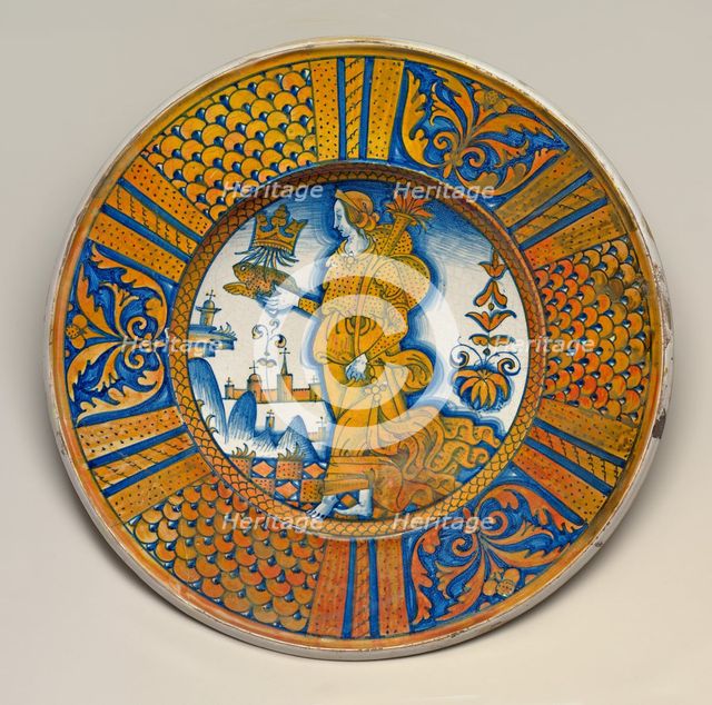 Large dish with segmental border of plant sprays and scale pattern..., c. 1510/1540. Creator: Unknown.