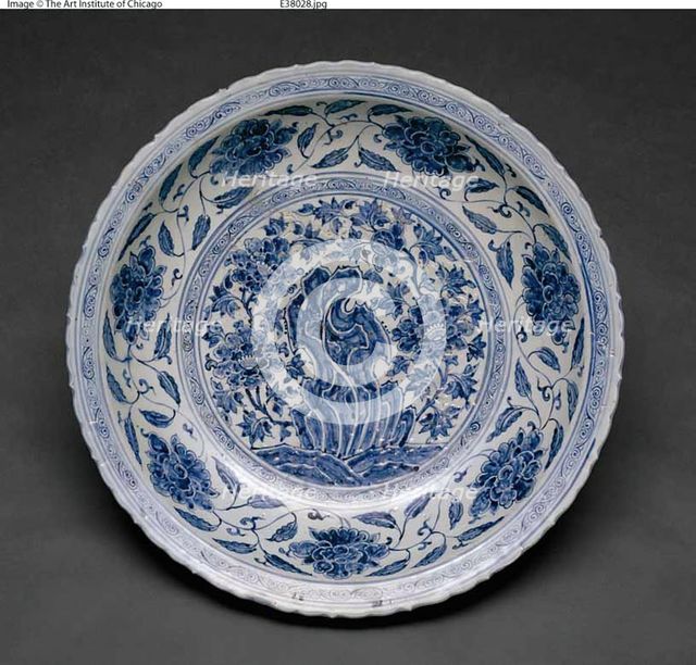 Large Foliate Dish with Garden Rock and Plants, Ming dynasty, late 15th/early 16th century. Creator: Unknown.