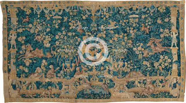 Large Leaf Verdure with Proscenium, Animals, and Birds, Southern Netherlands, 1525/50. Creator: Unknown.