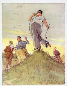 Large man standing on a hill, calling "Fore!", c1930s. Creator: Unknown