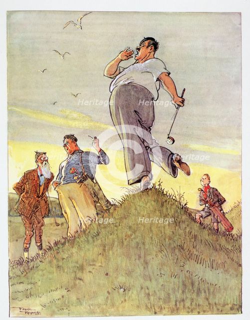 Large man standing on a hill, calling "Fore!", c1930s. Creator: Unknown.