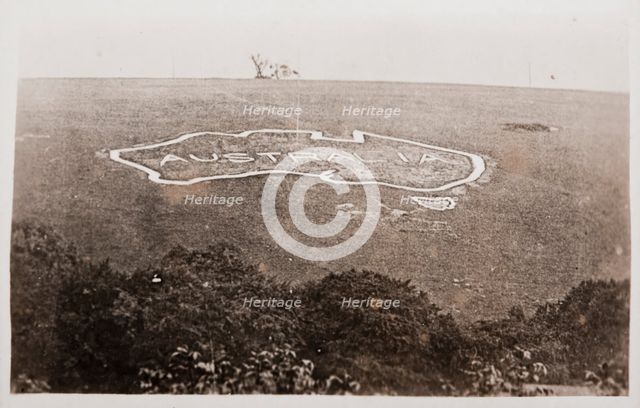Large map of Australia carved into the chalk downs at Hurdcott Camp (Compton Chamberlayne), c1917. Creator: Murphy.