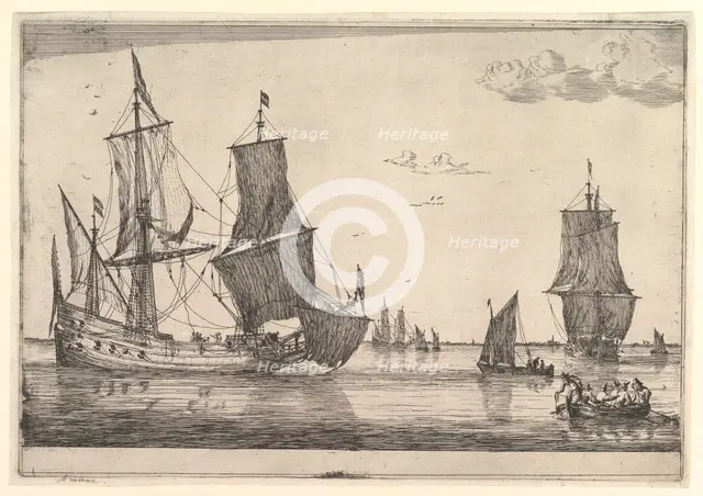 Large Sailing Vessel and Rowing Boat, 17th century. Creator: Reinier Zeeman.