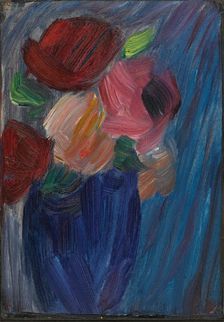 Large still life: Roses in an ultramarine blue vase