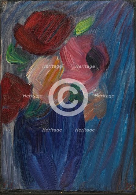Large still life: Roses in an ultramarine blue vase.