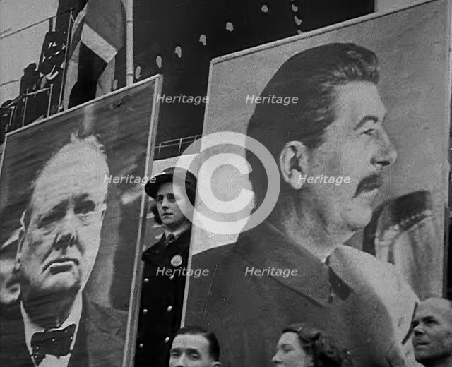 Large Posters of Joseph Stalin and Winston Churchill, 1942. Creator: British Pathe Ltd.