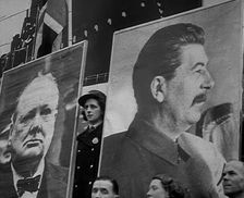 Large Posters of Joseph Stalin and Winston Churchill, 1942. Creator: British Pathe Ltd