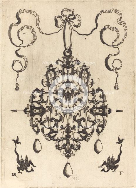Large Pendant, Two Fantasy Creatures with Long Tails at Bottom, 1596. Creator: Daniel Mignot.