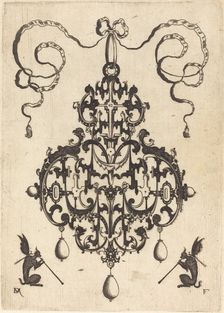 Large Pendant, Two Winged Fantasy Creatures with Trumpets at Bottom, 1596. Creator: Daniel Mignot