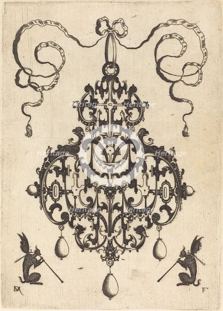 Large Pendant, Two Winged Fantasy Creatures with Trumpets at Bottom, 1596. Creator: Daniel Mignot.