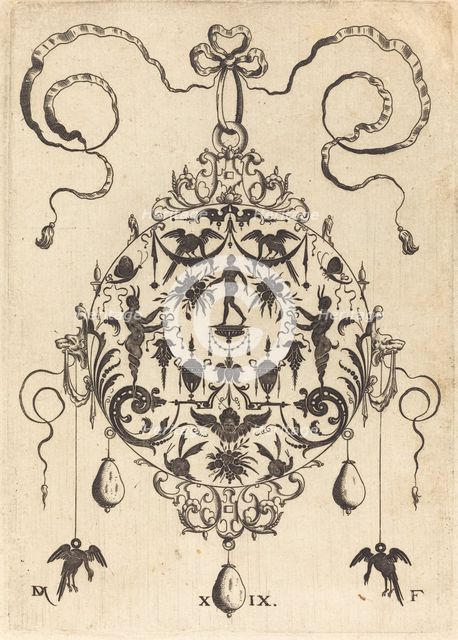 Large Pendant, In Circular Form, Nude Man Flanked by Two Herms, 1596. Creator: Daniel Mignot.