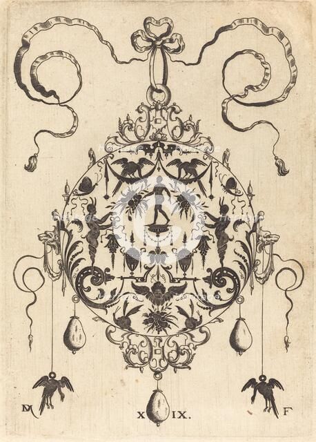 Large Pendant, In Circular Form, Nude Man Flanked by Two Herms, 1596. Creator: Daniel Mignot.