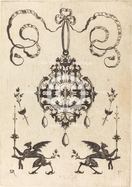Large Pendant, Lower Left and Right Two Griffins Carrying Fantasy Candlesticks, 1596. Creator: Daniel Mignot.