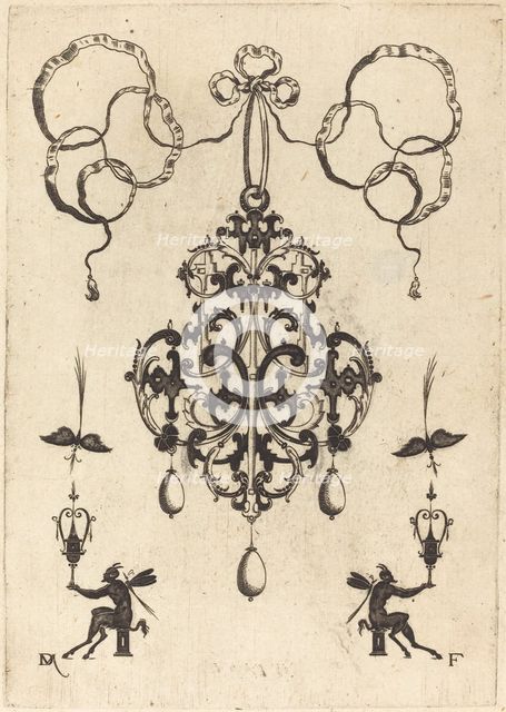 Large Pendant, Lower Left and Right Two Winged "Devils" Sitting on Pedestals, 1596. Creator: Daniel Mignot.