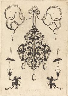 Large Pendant, Lower Left and Right Two Winged "Devils" Sitting on Pedestals, 1596. Creator: Daniel Mignot