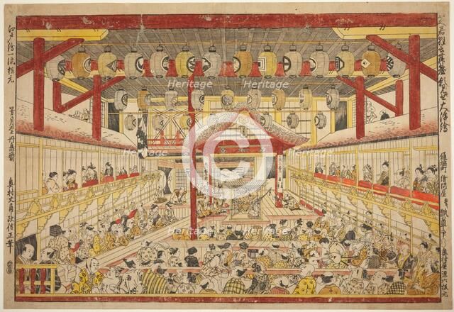 Large Perspective Picture of the Kaomise Performance on the Kabuki Stage (Shibai...c. 1745. Creator: Okumura Masanobu.