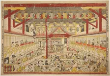Large Perspective Picture of the Kaomise Performance on the Kabuki Stage (Shibai...c. 1745. Creator: Okumura Masanobu
