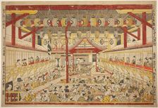 Large Perspective Picture of the Kaomise Performance on the Kabuki Stage (Shibai...c. 1745. Creator: Okumura Masanobu