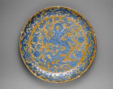 Large Plate with Dragons, Clouds and Floral Sprays, Ming dynasty, mark and reign of Jiajing (1522-66 Creator: Unknown