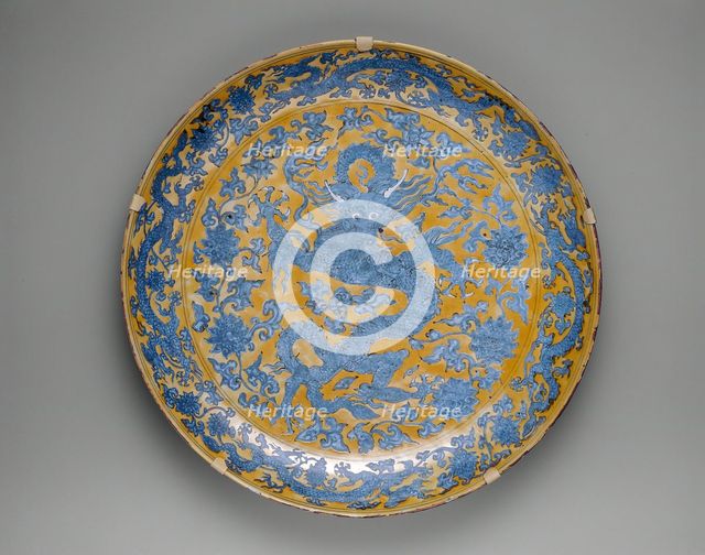Large Plate with Dragons, Clouds and Floral Sprays, Ming dynasty, mark and reign of Jiajing (1522-66 Creator: Unknown.